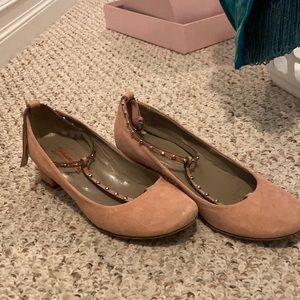 Pink suede, silver studded, much loved flats.